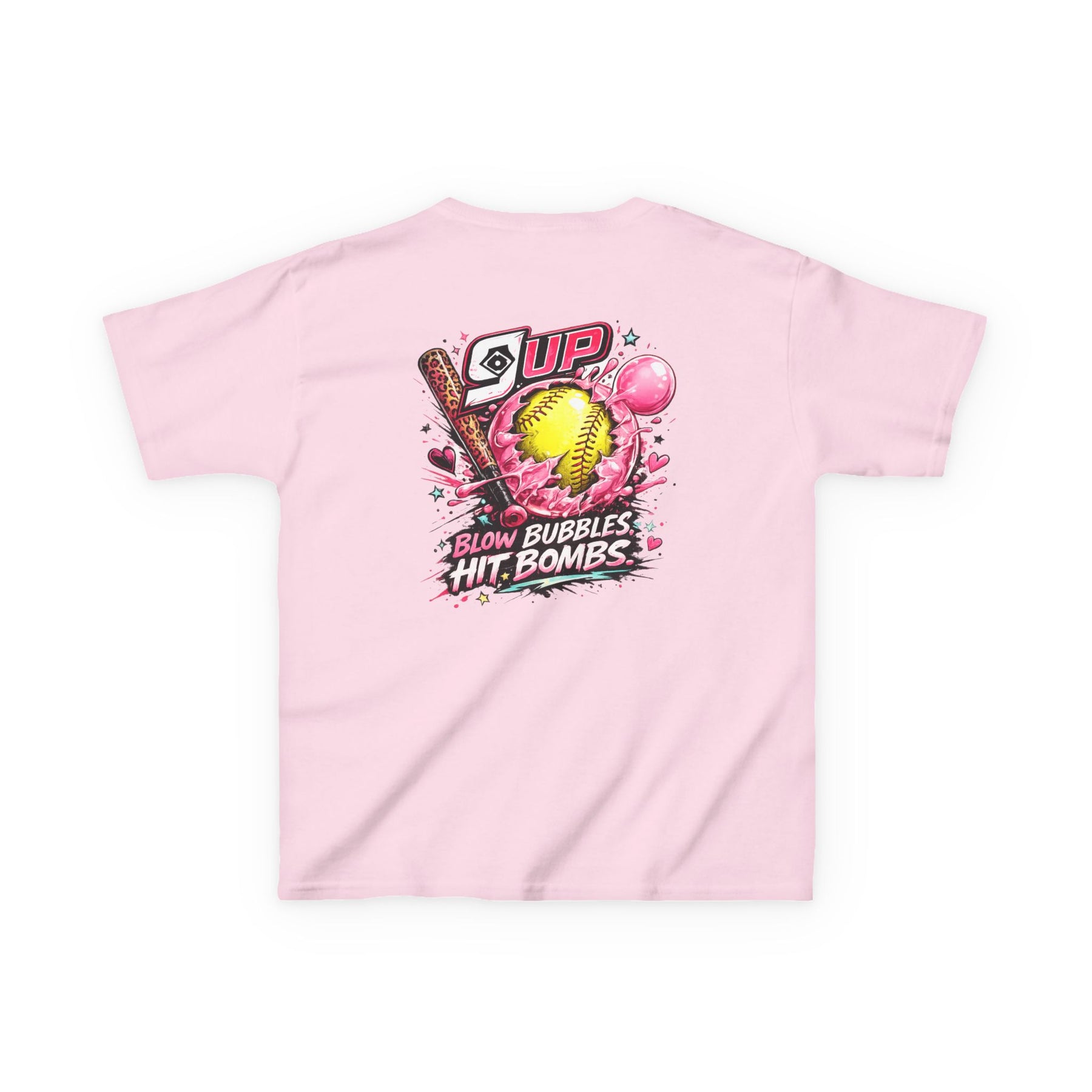Kids Tee — '9 Up' Softball Design: Blow Bubbles, Hit Bombs