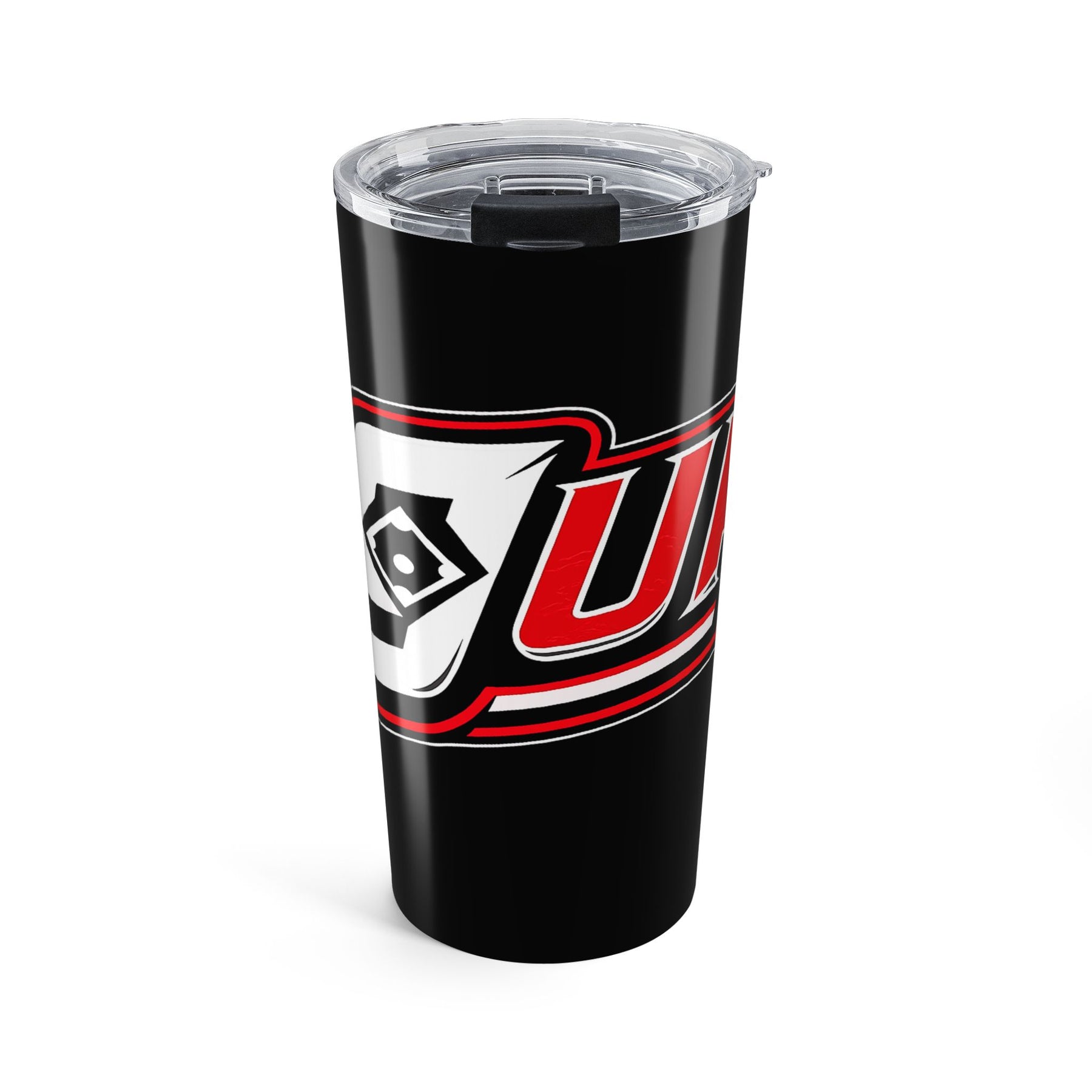 20oz Black Logo Tumbler - Insulated Travel Cup with Red/White Racing Emblem